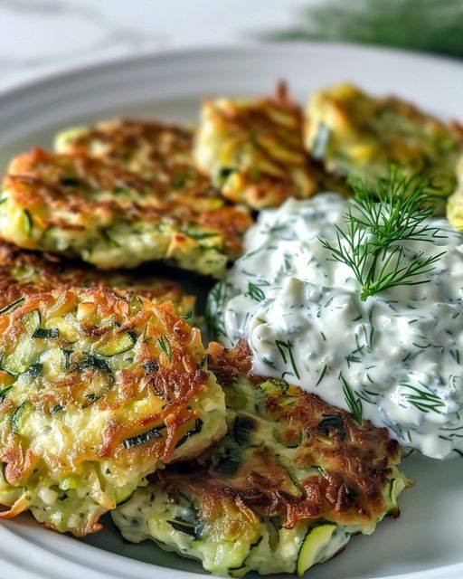 Zucchini fritters with feta, garlic and tzatziki in 15 minutes